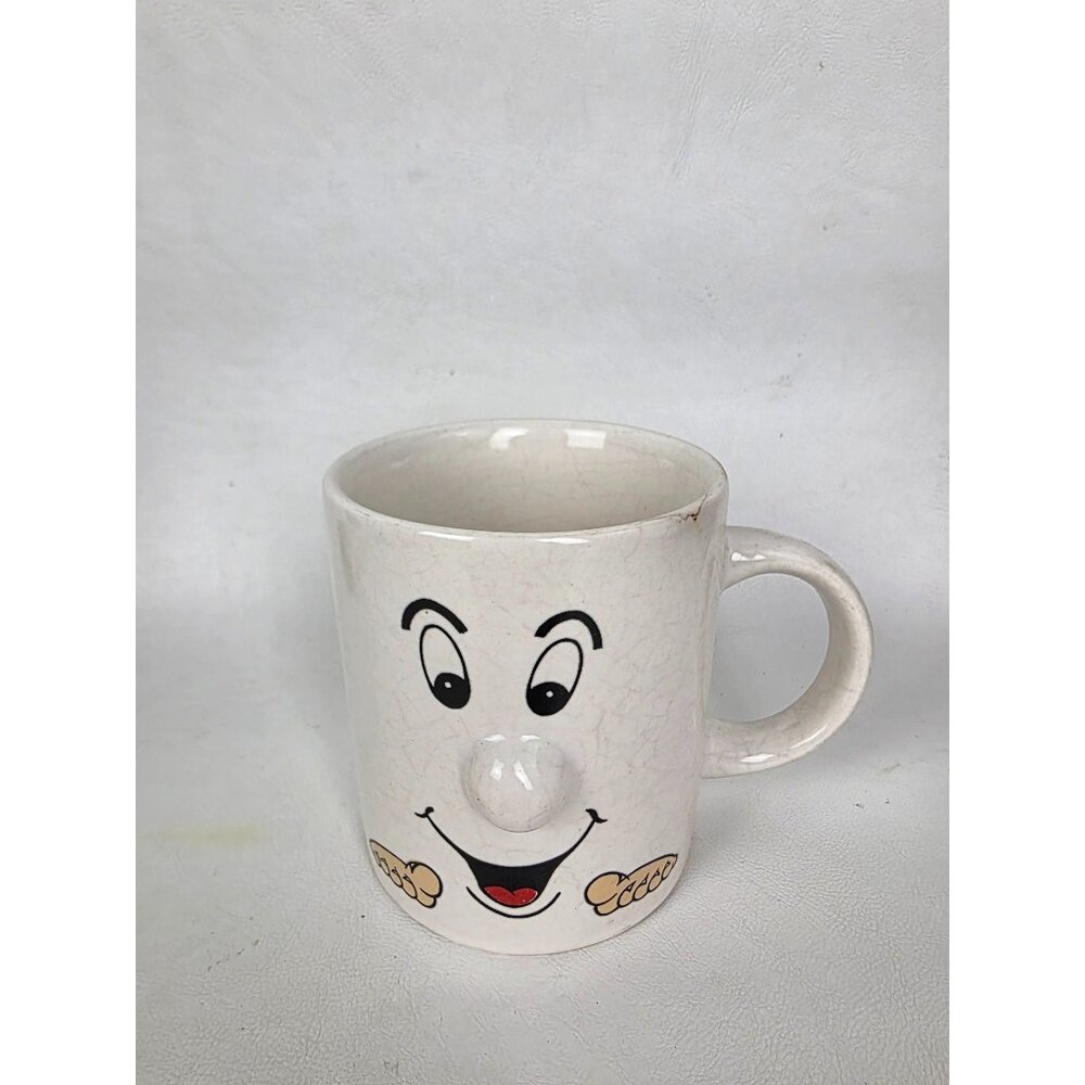 Vintage 70s Ceramic Smile Face Mug With 3D Nose & Crackle Glaze Design White